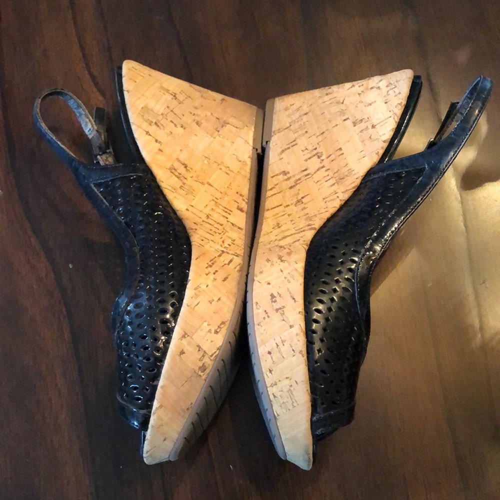Footnotes black patent Pointelle upper ankle strap cork platform wedge sandals